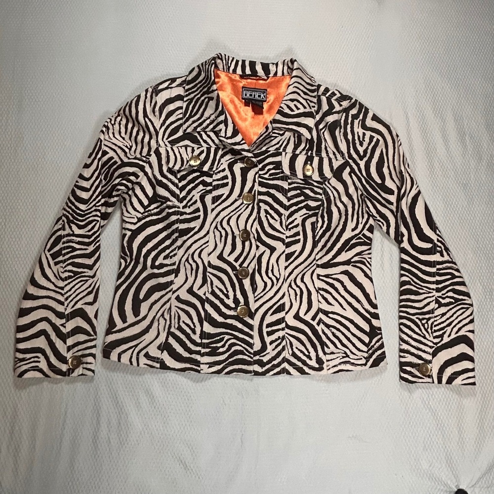 VTG‎ Y2K Berek Zebra Print Jacket Womens Large Black White Metallic Gold